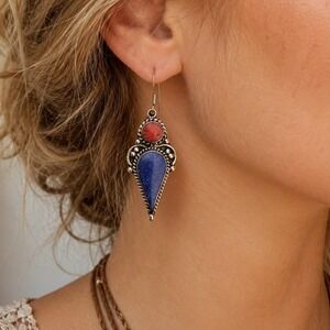 India Tibetan Handmade Dangle Lapis And Coral Gemstone Earrings Boho Ethnic